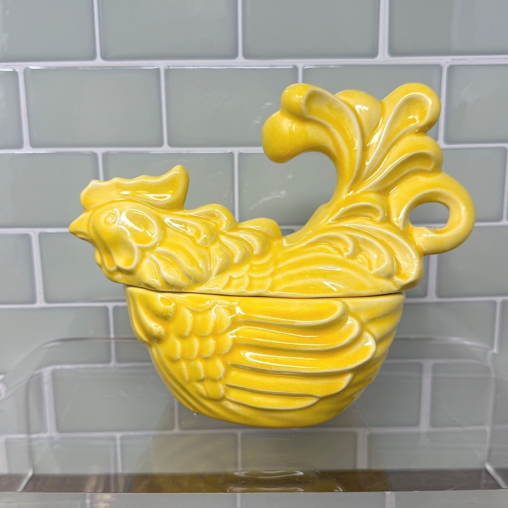 Vintage Red Wing Pottery #250 Yellow Rooster Covered Dish/Candy Dish/Ceramic